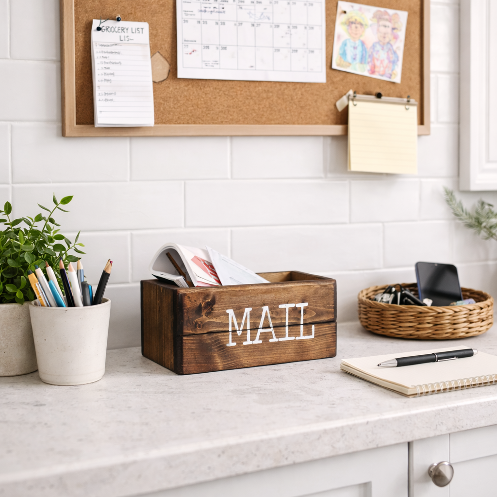 Household command center setup with calendar and paper organization system