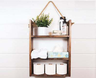 Rustic Hanging Bathroom Shelf with Rope – Floating Wooden Shelves with Hooks for Storage and Decor