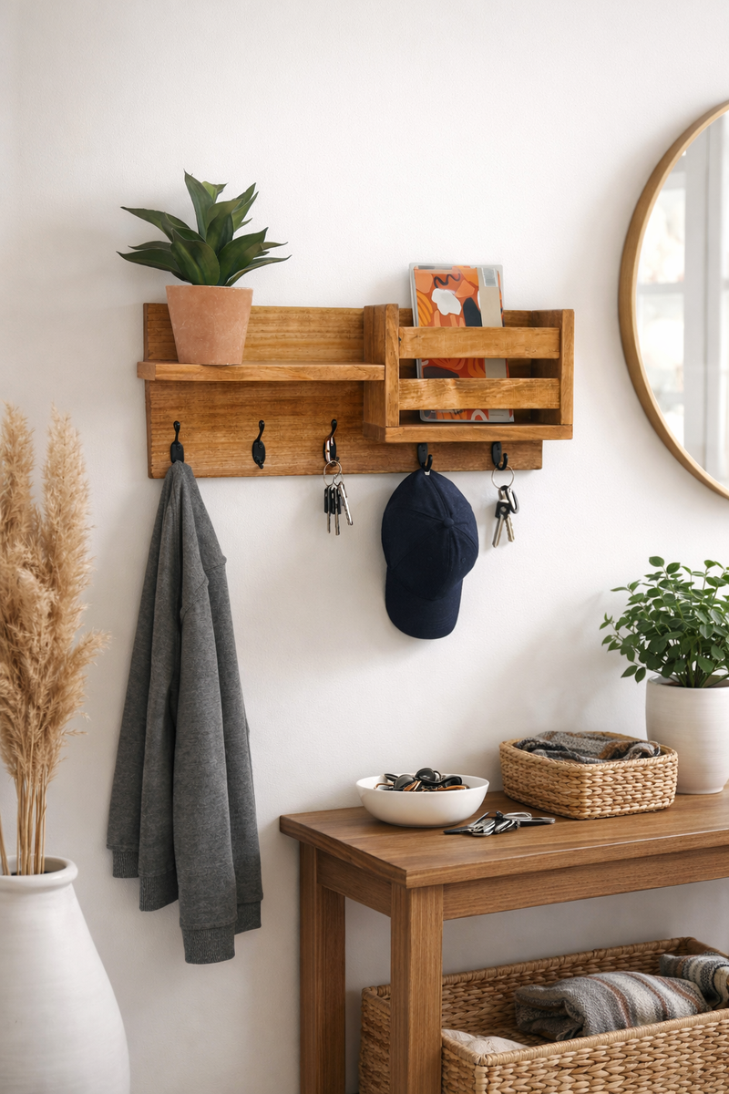 Rustic Wooden Entryway Organizer with Hooks and Shelf for Keys, Mail,