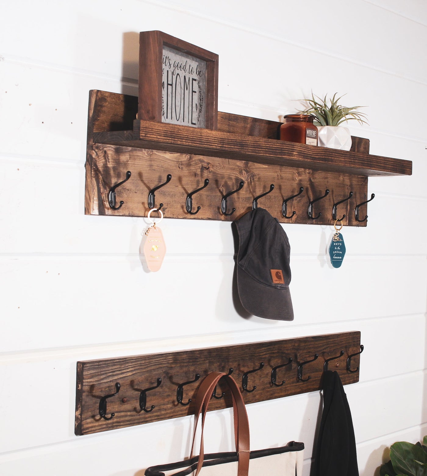 DIY Wall Hook Rack Display Shelves Bookshelf Wall Mount Hanger Holder Storage  Shelf with 2/4 Hooks 