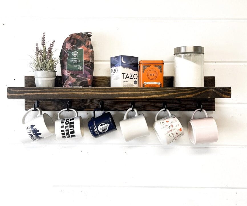 Floating Shelf With Coffee Mug Hooks Stained FREE SHIPPING 