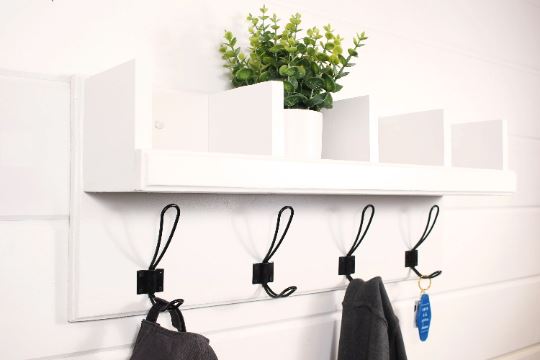 Cubby coat rack with oversized farmhouse hooks