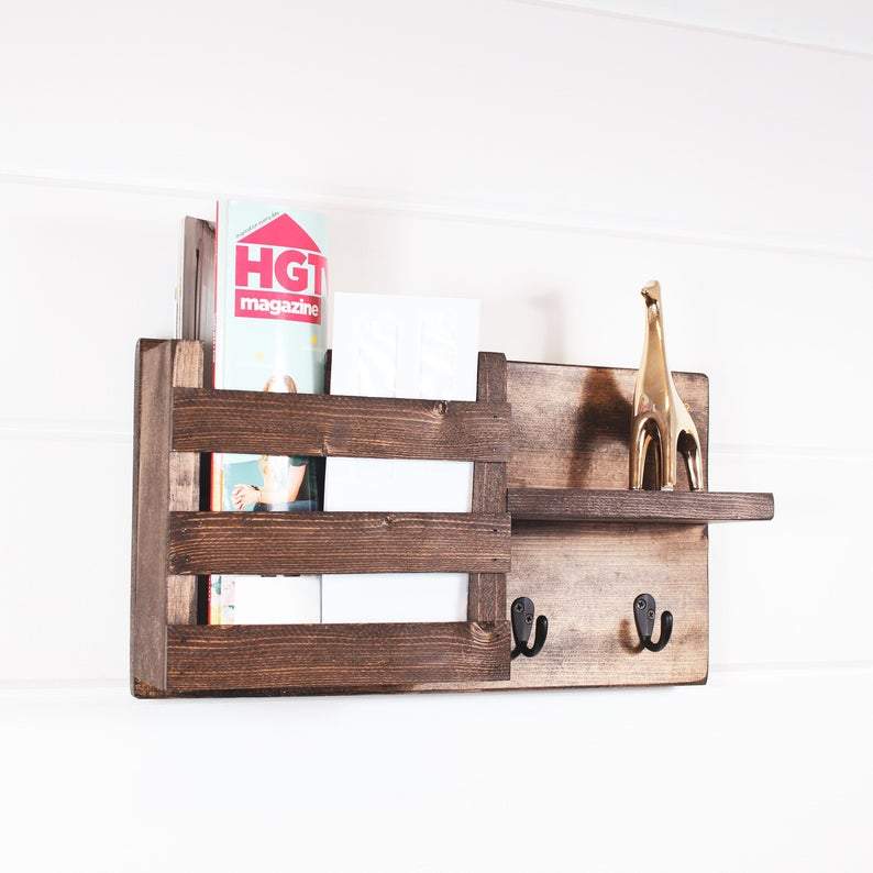 Rustic wood 3 pocket hanging mail organizer with shop key rack