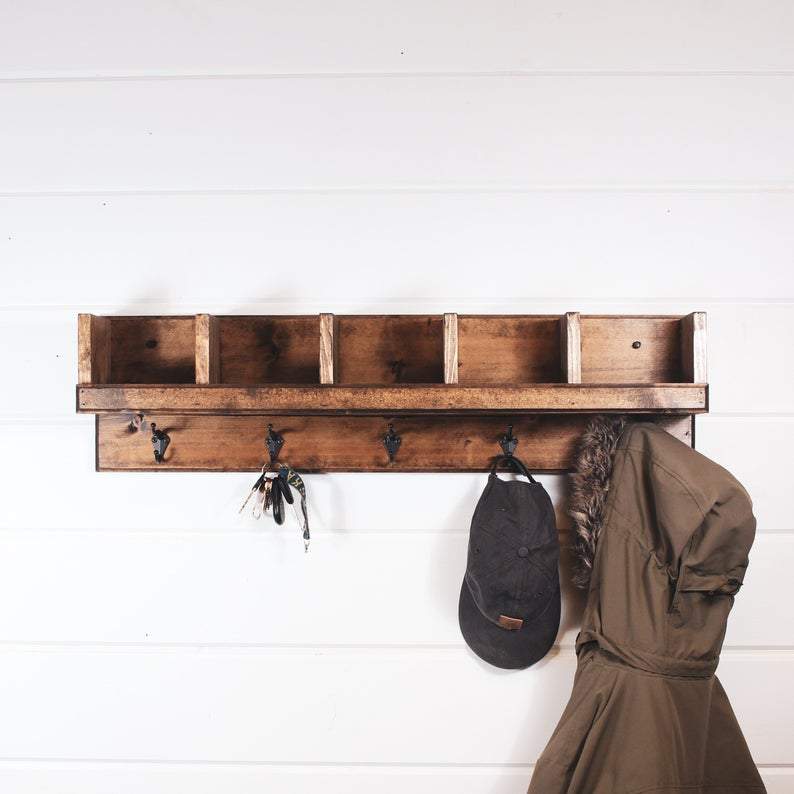 Rustic Wooden Cubby Shelf With Hooks