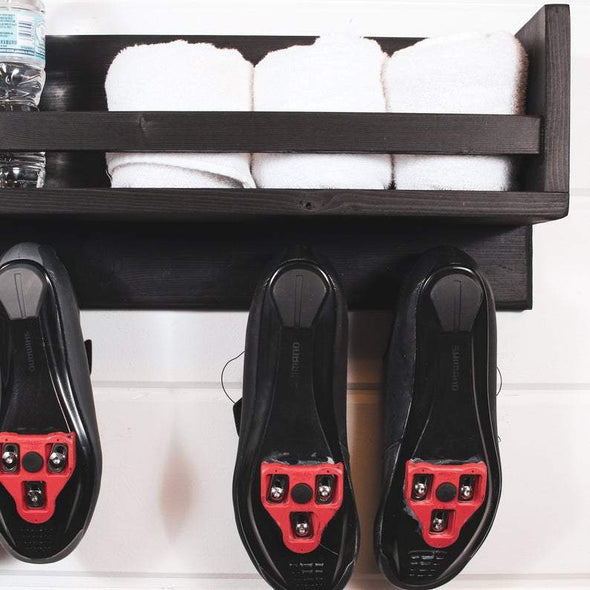 bike shoe, peloton shoe, peloton organizer, peloton shelf, exercise bike rack